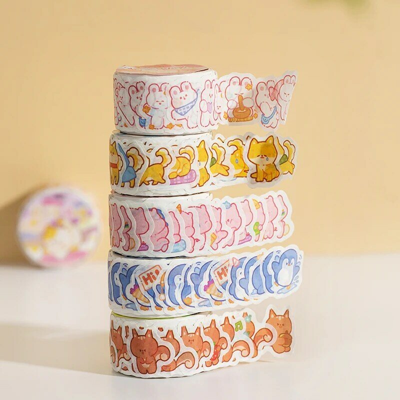 Rollo de papel Washi de dibujos animados, cintas Washi de animales Kawaii para álbumes de recortes, manualidades, Material de decoración, 1 rollo de 100 Uds.