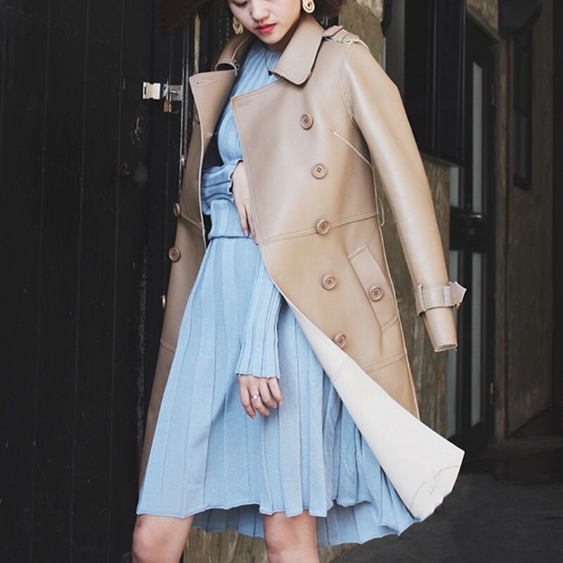 Женское длинное пальто с поясом, элегантное двубортное пальто из натуральной овечьей кожи с отложным воротником, осень 2022
