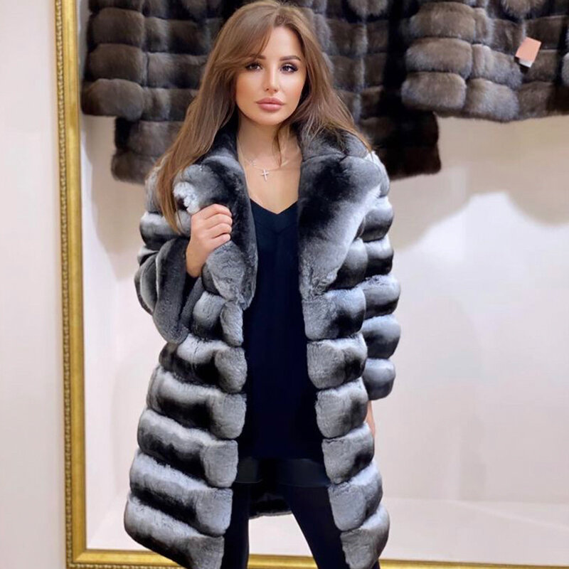 Jaqueta de pele feminina, casaco de pele de tamanho médio, sobretudo, cor chinchila de luxo, tamanho personalizado e cor