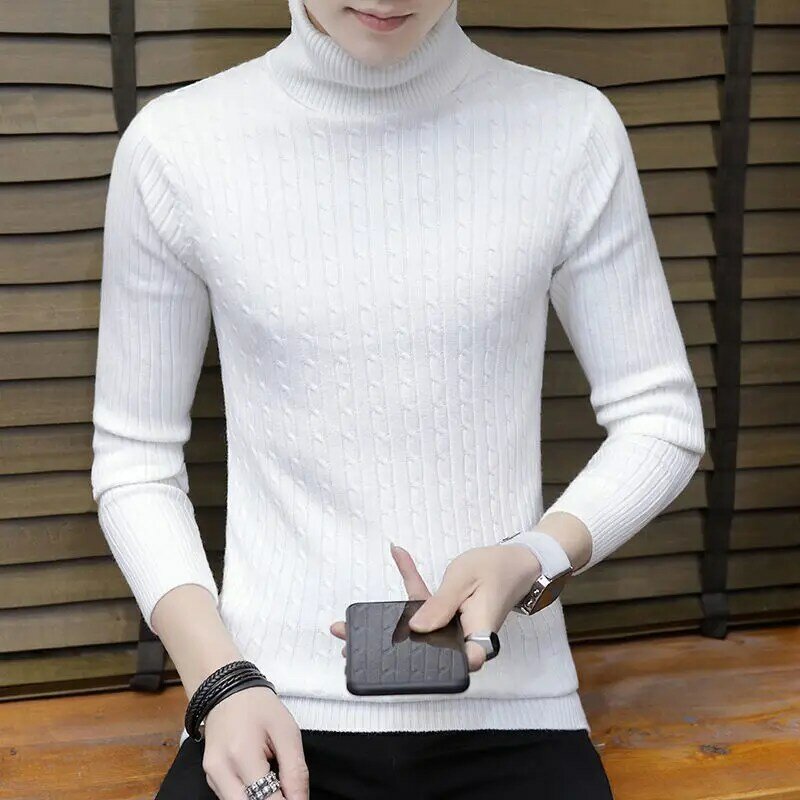 Men Sweater Winter High Neck Thick Warm Turtleneck Brand Male Sweaters Slim Fit Pullover Man Knitwear Mens Double collar White