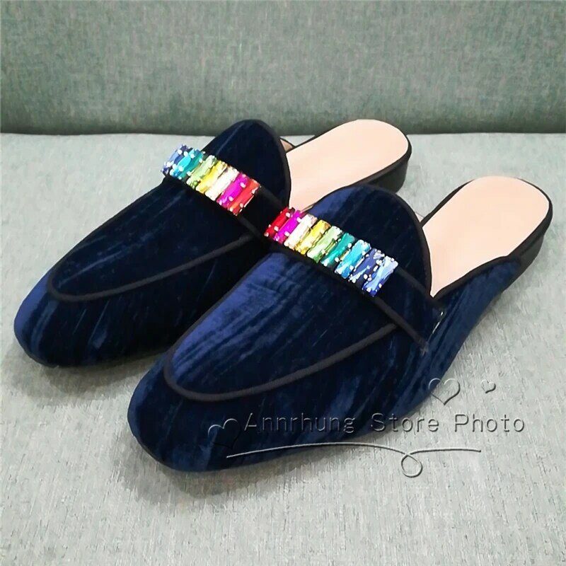 Fashion Rainbow Color Crystal Mens Slippers Blue Velvet Mules Outwear Flat Slides Slip On Casual Shoes Mens Rhinestone Shoes