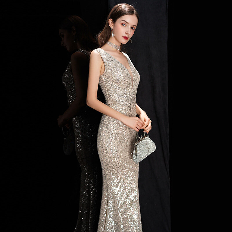 DEERVEADO Elegante V-ausschnitt Pailletten Abendkleid Lange 2023 Neue Frauen Meerjungfrau Formale Kleid Party Kleid Bodycon Maxi Prom Kleid