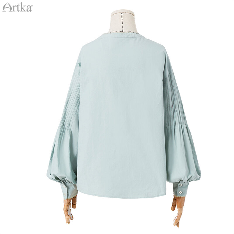 Artka-女性用ヴィンテージブラウス綿2020,ランタンスリーブとvネック,ポンポン付き,新しい春のコレクション100%,sa20504c