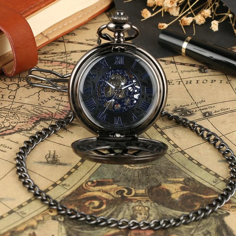 Retro Mechanical Pocket Watch Classic Hollow Skeleton Hand Wind Male Clock Steampunk Pendant FOB Chain Watches Reloj De Bolsillo