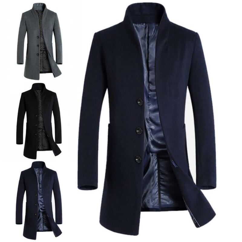 Novo casaco longo de lã de cor sólida, sobretudo para homens, roupa externa