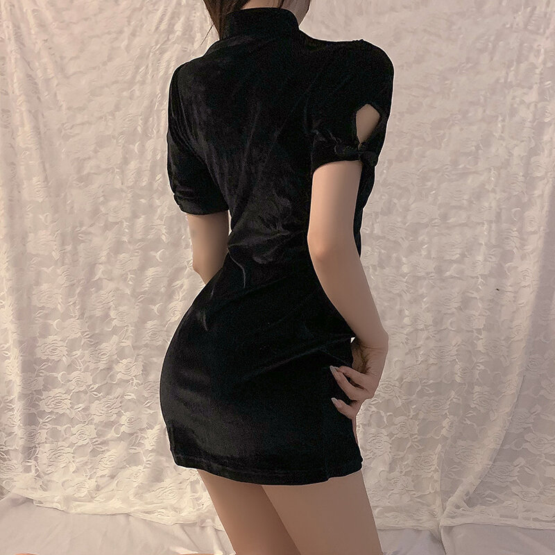 란제리 소녀의 스타일 의류 복고풍 짧은 소매 밑단 분할 펑크 벨벳 중국 섹시한 Cheongsam 치마 높은 허리 슬리밍 드레스