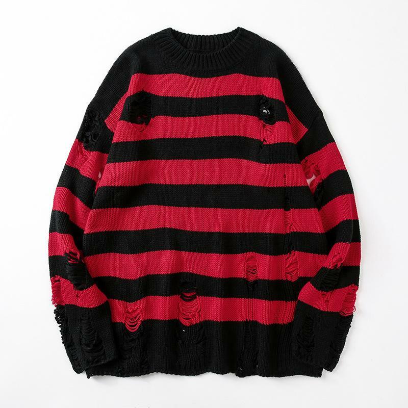 Suéter rasgado a rayas negras para hombre, Jersey de punto con agujeros, sudadera de gran tamaño, Tops de manga larga Harajuku