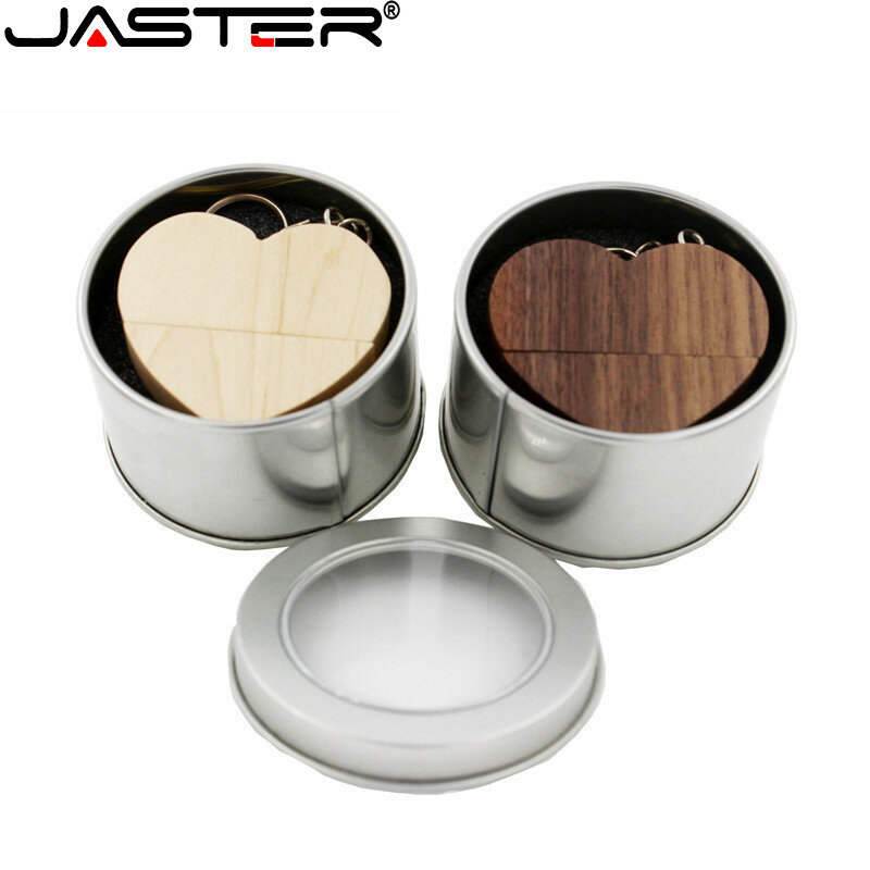 JASTER-unidad Flash USB de madera con forma de corazón, regalo + caja de metal, 2,0, 64GB, 32GB, 16GB, 8GB, disco U, fotografía, regalos de boda