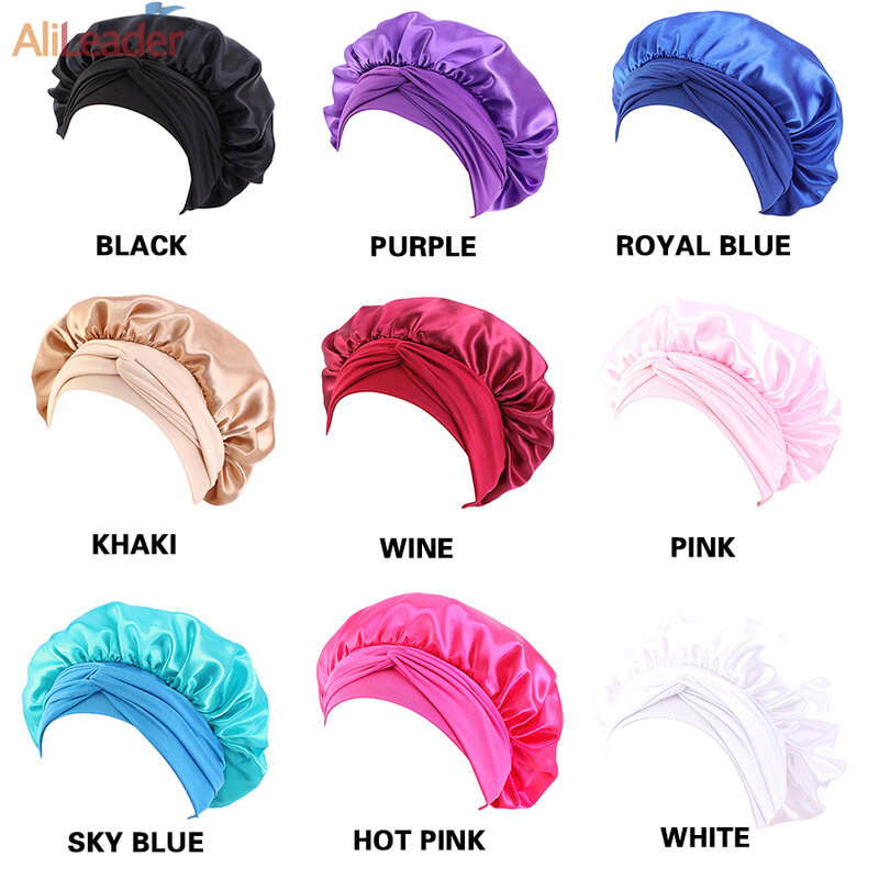 Solid Satin Bonnet With Wide Stretch Ties Satin Hair Bonnet Night Sleeping Shower Cap Hair Bonnet Hat Head Cover Satin Turban