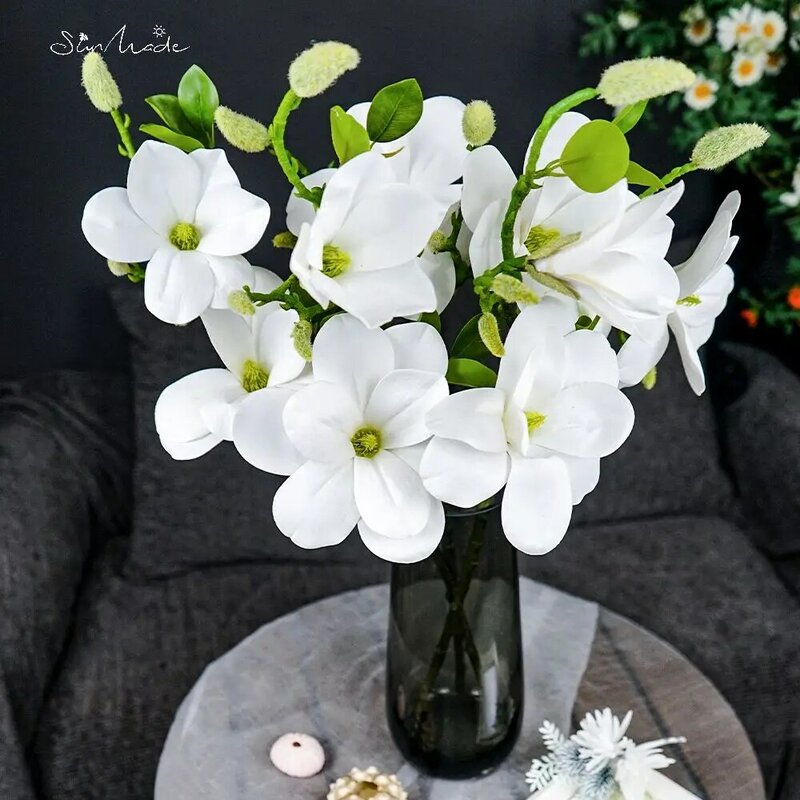 Sunmade luxo grande magnolia ramo flores brancas decoração de casamento casa flores artificiais outono ano novo