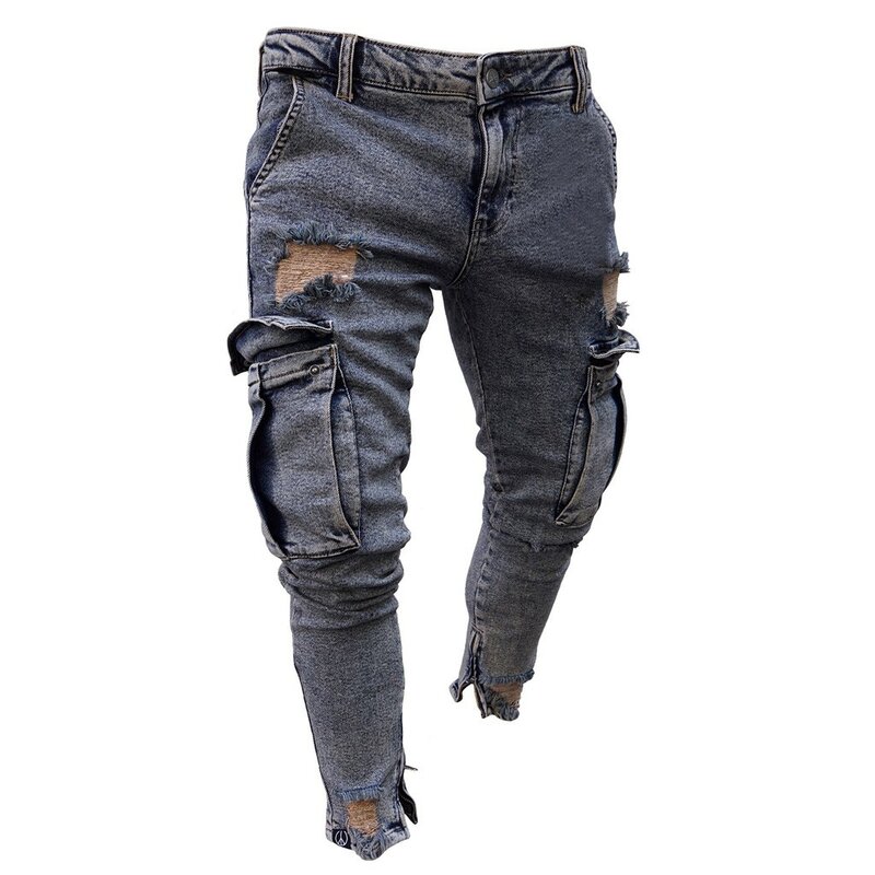 Лидер продаж, модные мужские джинсы в стиле хип-хоп, крутая уличная одежда, байкерские однотонные рваные обтягивающие джинсы с дырками, обле...
