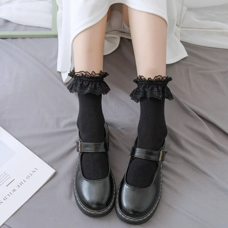 Calcetines cortos de encaje para mujer, medias de princesa de algodón con volantes, estilo Lolita japonés, alta calidad, 5 pares