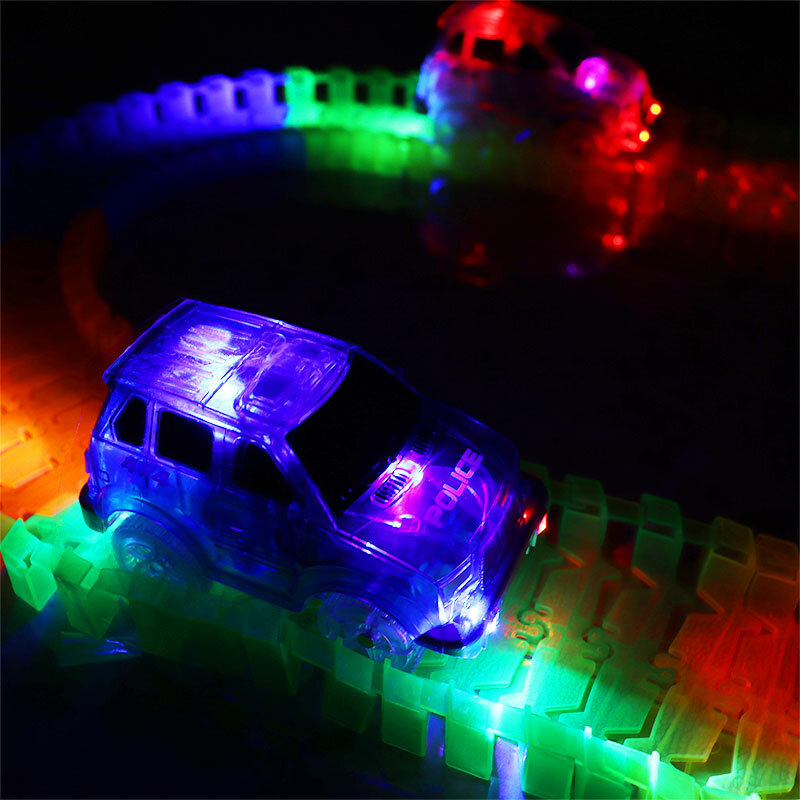 Trilha de carros de corrida mágicos com luzes coloridas para crianças, cremalheira de corrida de plástico DIY, brilho no escuro, presentes criativos, brinquedos