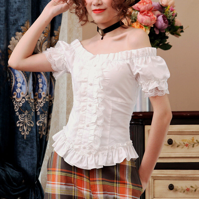 Musim Panas Wanita Vintage Gotik Pendek Kemeja Putih Victoria Atasan Lipit Renda Perban Katun Wanita Lolita Blus Kostum