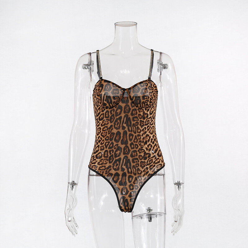 Cryptographic Fashion Leopard Bodysuits Chain Spaghetti Strap Backless Sexy Jumpsuits for Female Autumn Animal Printing Body