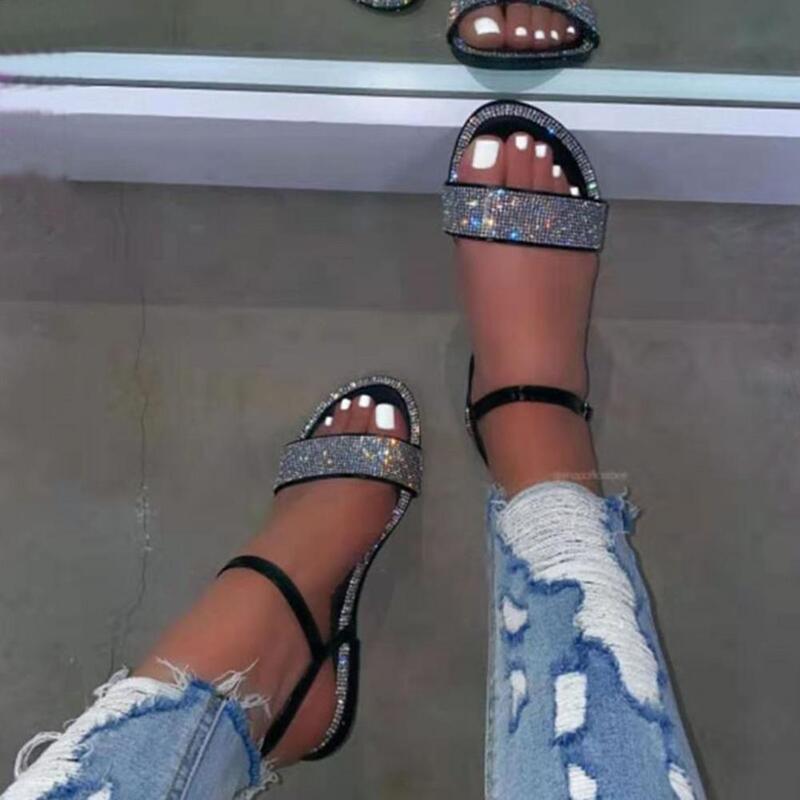 lady Rhinestone Sandals Summer Low-heeled slippers metal rear buckle Round toe shoes woman Casual party banquet Sandals
