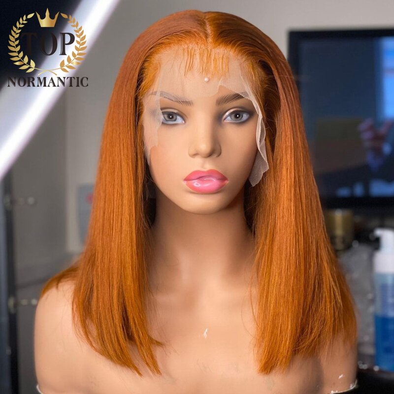 Topnormantic Ginger kolor prosto Bob peruka Preplucked Hairline 4x4 zamknięcie indyjskie ludzkie włosy Remy peruki dla kobiet
