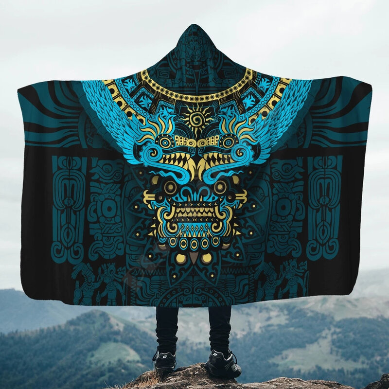 Manta con capucha para adultos y niños, ropa de cama de microfibra con estampado 3d de calavera de Quetzalcoatl Azteca