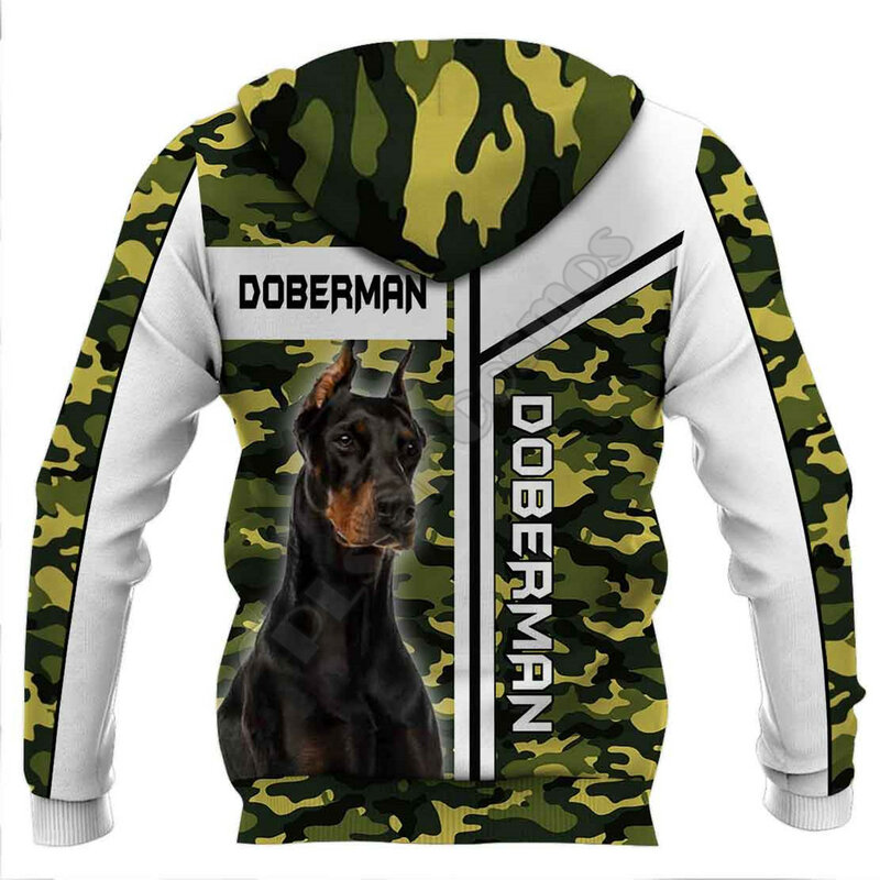 Sweat à capuche de Camouflage Doberman 3D pour hommes et femmes, pull-over imprimé, Animal amusant, à la mode, vêtements de Cosplay 01