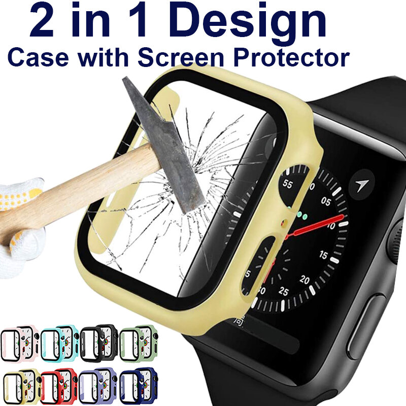 360 Full Screen Protector กรอบกันชน PC Matte Hard Case สำหรับ Apple Watch SE 6 5 4 3 2 1 40มม.44มม.9H กระจกนิรภัยฟิล์ม