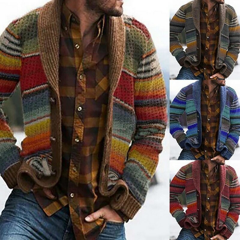 2020 outono casaco masculino listrado impresso manga comprida cardigan camisola masculina vintage casacos moda casual solto outwear jaqueta
