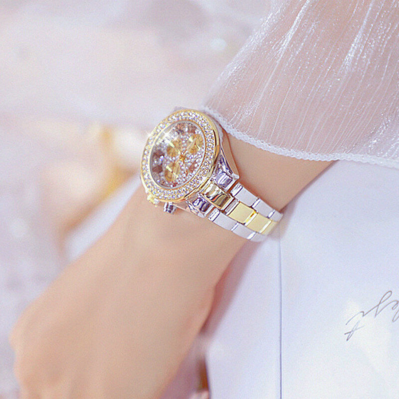 Relógios luxuosos para mulheres, com pulseira de cristal de diamante, de quartzo, de aço inoxidável
