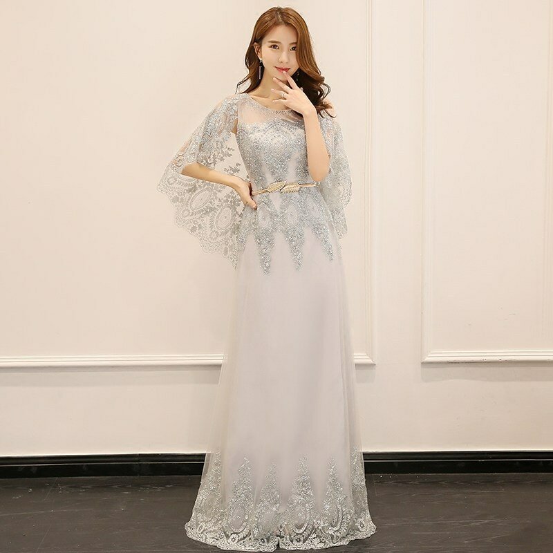 Korean Style O-Neck Cap Sleeve Banquet Gowns For Women Sashes Appliques Floor-Length Embroidery Elegant Party Dress