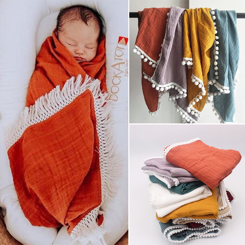 Manta de muselina de algodón orgánico para bebé, doble de gasa Toalla de baño, mantas de borla para recién nacido, envoltura de pañales grande, accesorios para fotos de alimentación