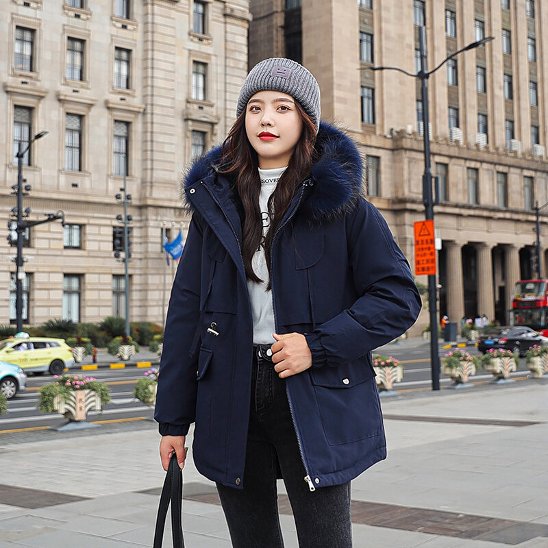 Damska kurtka zimowa Slim gruby futrzany kołnierzyk długi parki kobieta z kapturem Solid Plus rozmiar koreański styl bawełna wyściełana damska zimny płaszcz