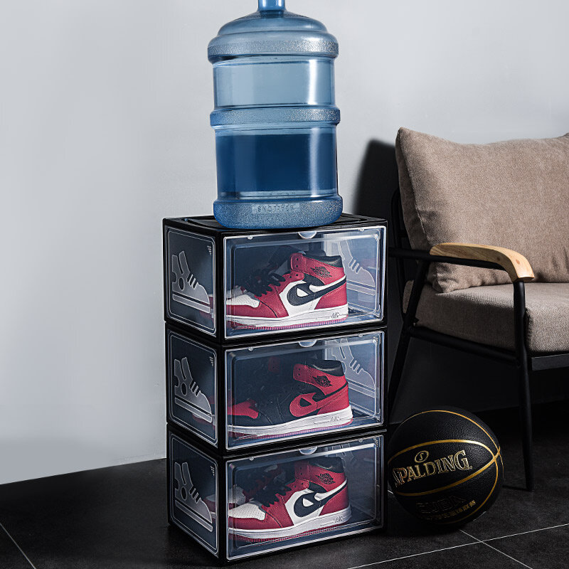 2 sztuk AJ Sneakers Box hartowane plastikowe pudełko na buty wieżowych do przechowywania w szafce Box wysokie góry pyłoszczelne AJ buty organizatorzy stojak na buty