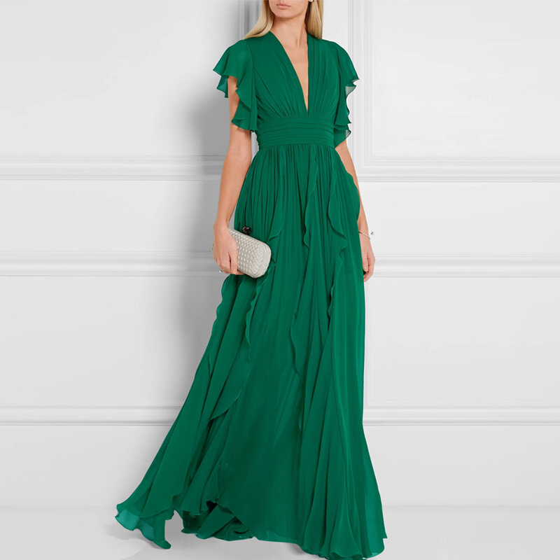 Royal Sister Goddess Fan V-neck Dress Heavy Industry Ruffled Slim High Sense Green Long Skirt  Dress