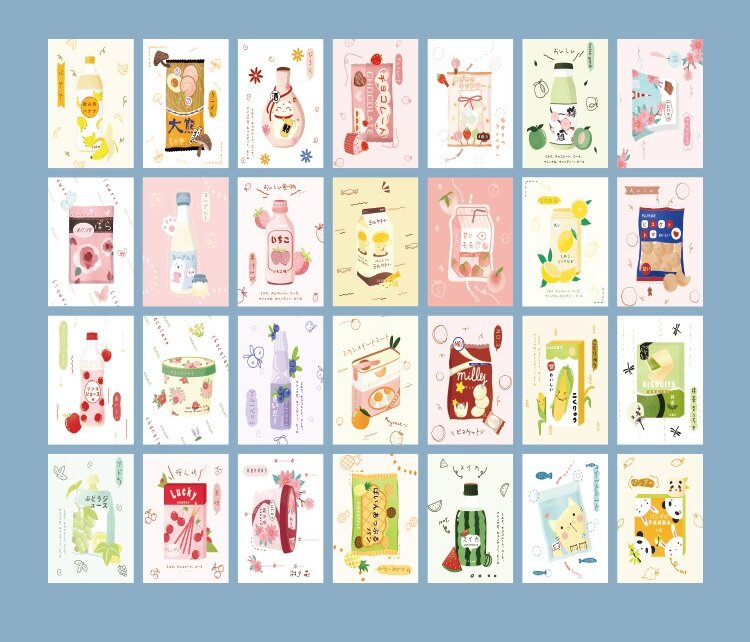 Mini Papel Cartão Postal, Gato bonito e Snack Cartão Lomo, Cartão, Presente de Aniversário, Cartão de Mensagem, 28 Folhas por Conjunto