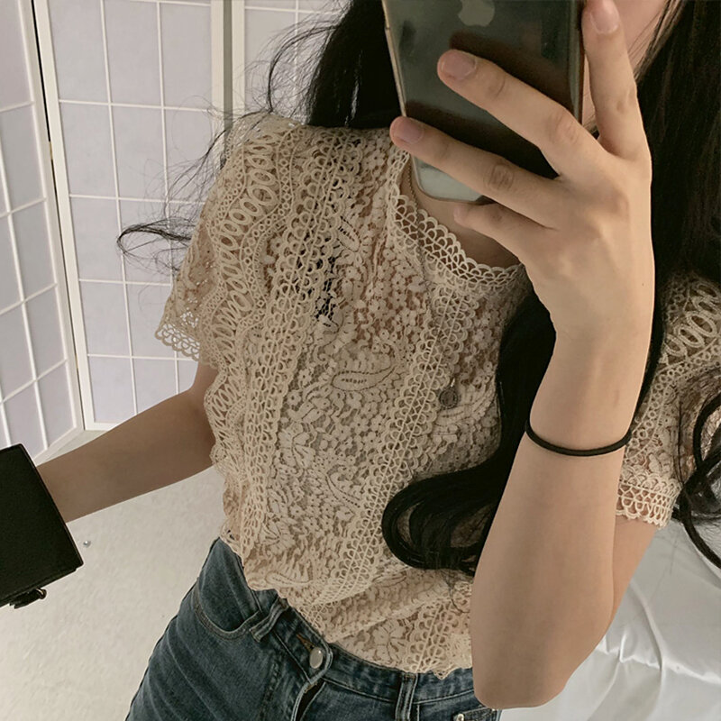 High Quality Summer Elegant White Lace Blouse Shirt Women Short Sleeve Sexy Streetwear Hollow Out Embroidery Blouses Autumn Tops