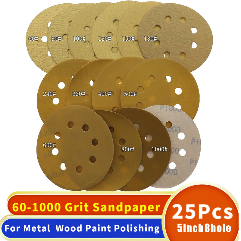 Papel de lija redondo de 8 agujeros, 25 piezas, 5 pulgadas, 125mm, hojas de arena de grano 60-1000, disco de lijado de bucle de gancho, almohadilla de pulido para muebles de carpintería