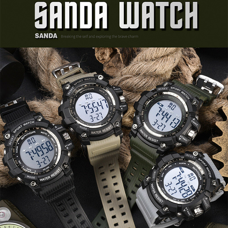 Sanda relógio digital esportivo militar masculino, relógio de pulso digital com alarme e cronômetro da moda, de marca famosa e luxuosa