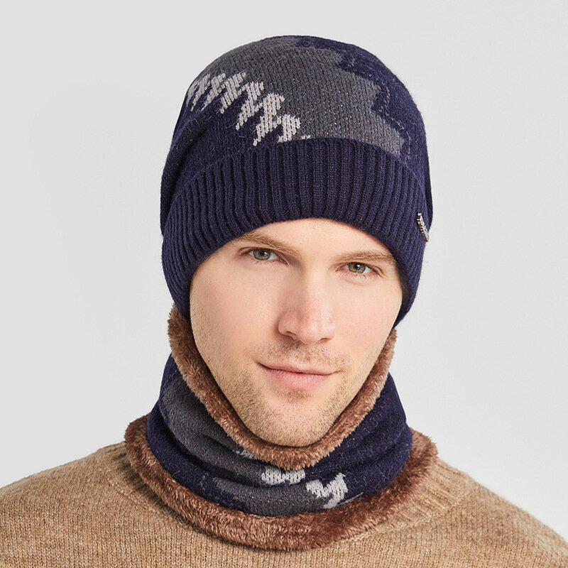 Модная Шапка-бини, вязаная шапка для мужчин, зимняя шапка для мальчиков, теплый шарф для шеи, шапка в комплекте, Мужская Уличная ветрозащитная шапка, Повседневная шапка