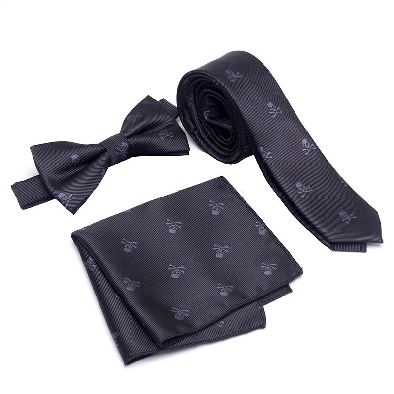 Conjunto de gravata com pescoço de esqueleto masculino, gravata borboleta e corvo, gravata fina, moda masculina, vestido de corvo 1200 agulha, 3 peças