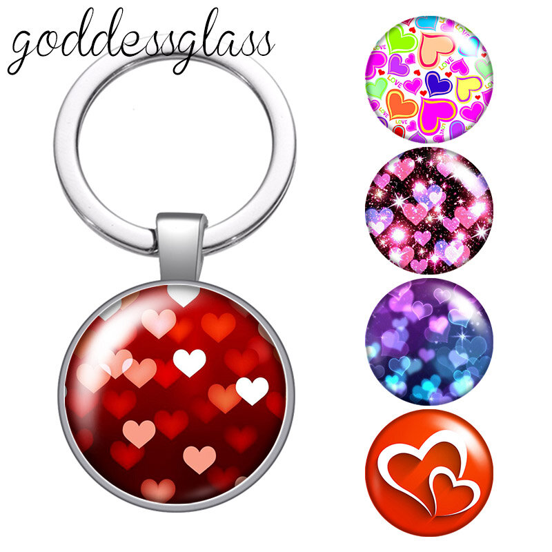 Colorful Hearts Love Romantic Valentine's Day glass cabochon keychain Bag Car key chain Ring Holder Charms keychains for Gifts