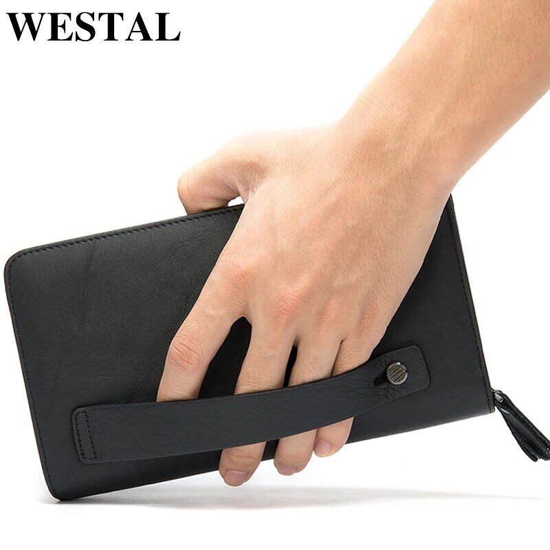 WESTAL Men's Wallet Genuine Leather Men Clutch Bag Double Zip Passport Wallet for Cards Coin Long Wallets Purse Hand Bag Pouch
