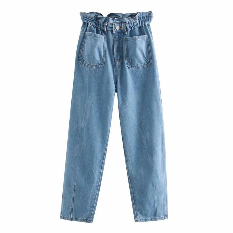 Murchado inglaterra high street vintage mãe jeans mulher bolsos solto cintura alta jeans tornozelo harem sólido namorado jeans para mulher