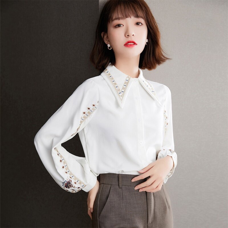Vintage branco bordado camisa chiffon manga longa topo 2021 primavera das mulheres topos e blusas
