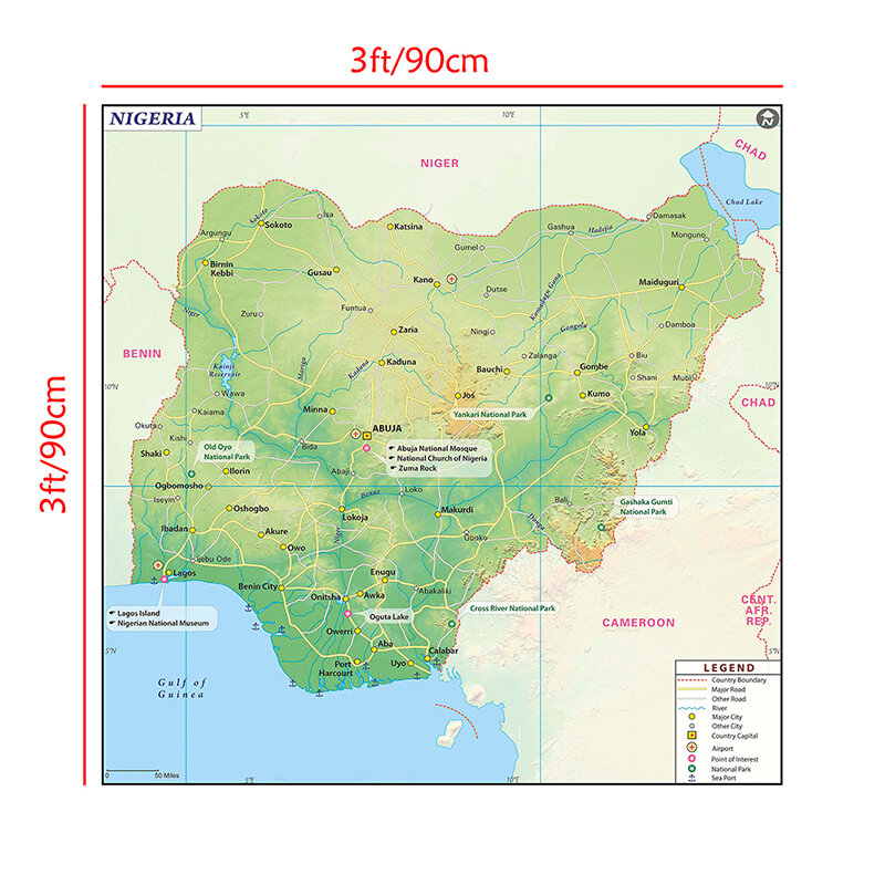 Карта Нигерии 90*90 см, Картина на холсте без рамы, настенный художественный плакат и принты, товары для класса, домашний декор для гостиной