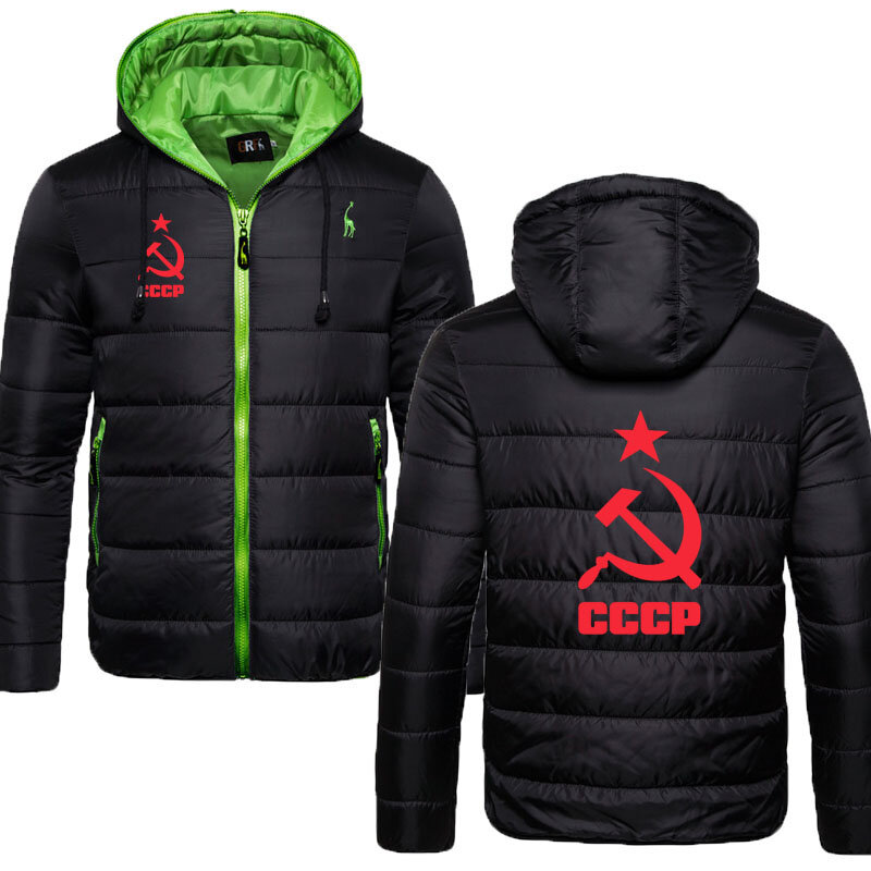 Roupas de inverno masculino à prova de vento para baixo jaqueta de algodão cccp logotipo impressão de alta qualidade moda cor bloco grosso masculino zip jaqueta topo