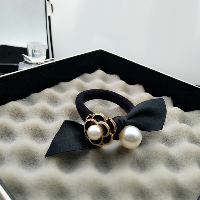 Camellia – serre-tête élastique en perles noires pour filles, chouchous Vintage avec corde en caoutchouc