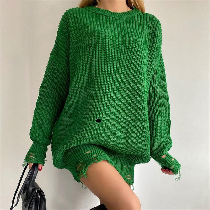 Nadwymiarowy sweter topy w stylu Casual, imprezowa Sexy sukienki swetrowe klubowe 2021 Y2K kobiety z dzianiny zielony O Neck sweter z długim rękawem ubrania