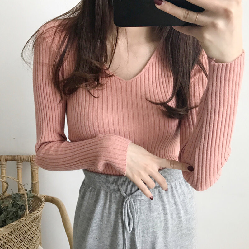 Women Autumn Winter Long Sleeve V Neck Ribbed Blouse Slim Knitted Pullover Top