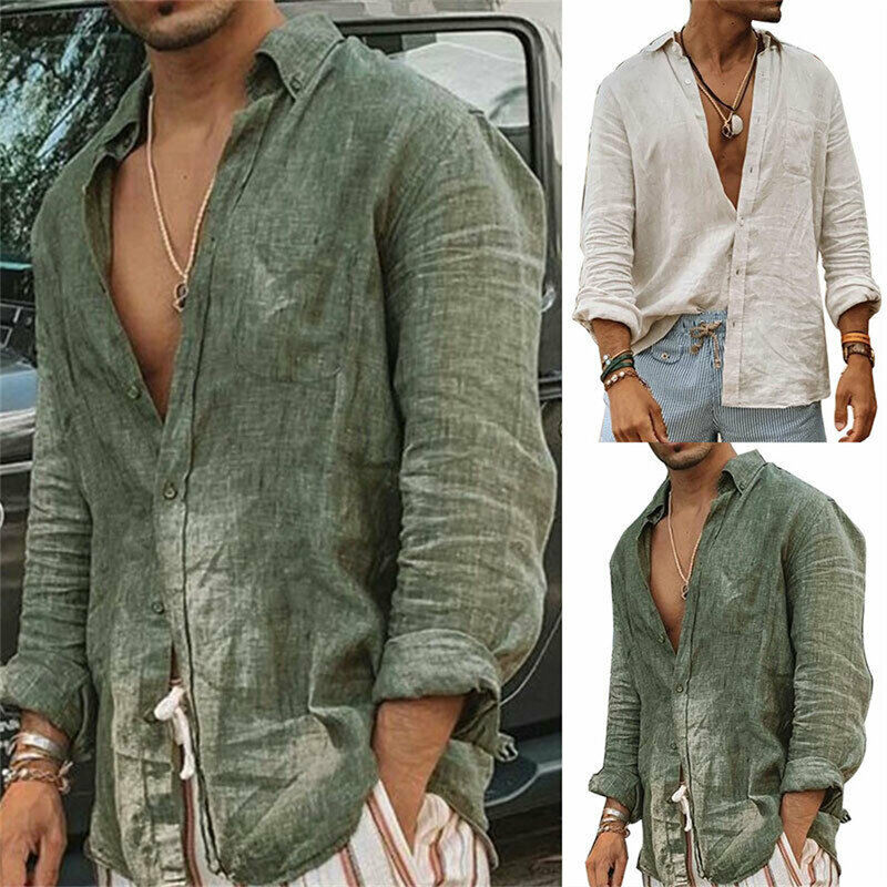 Camisa casual de linho de algodão masculina, gola em pé, cor sólida, manga comprida, tops soltos, camisas elegantes, primavera, outono, 2022