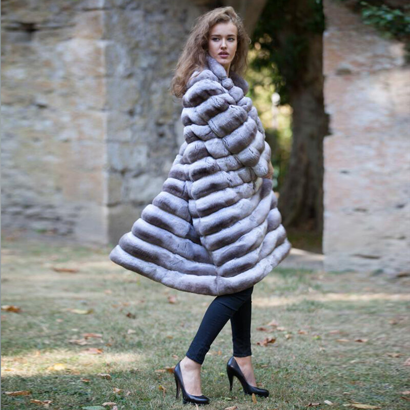 Inverno longo real rex pele de coelho casaco feminino popular quente confortável casaco