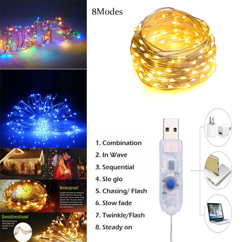 Guirlandes lumineuses LED USB, 9 couleurs au choix, 8 Modes, 1M-10M, bricolage, éclairage décoratif pour fête de vacances, nouvel an, noël