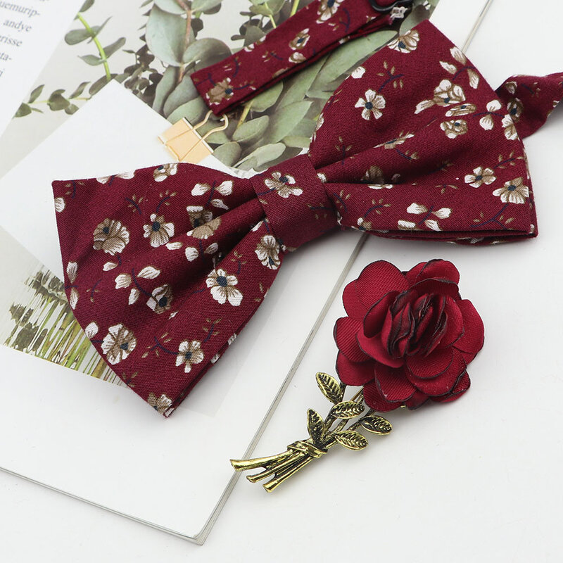 Słodka bawełna jednokolorowa muszka zestaw broszka piękny kwiatowy róża Pin Butterfly Party krawaty ślubne prezent Cravat mężczyzn akcesoria